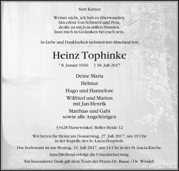 Traueranzeige von Heinz Tophinke von Die Glocke