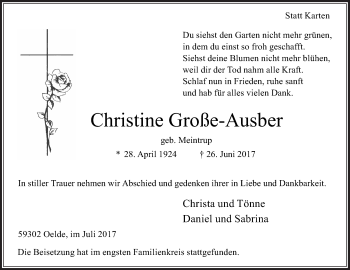 Traueranzeige von Christine Große-Ausber von Die Glocke