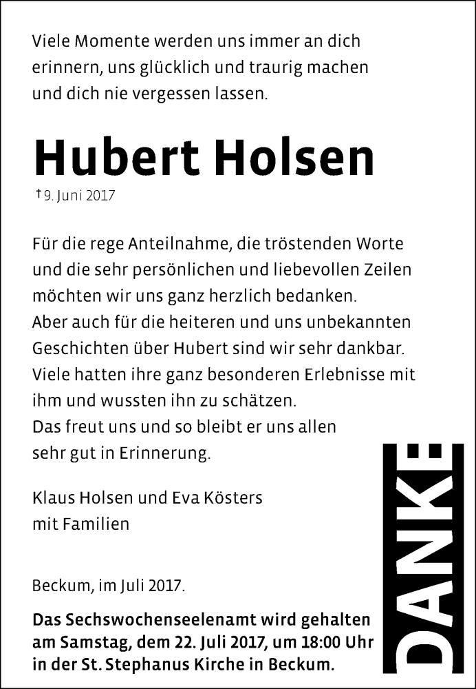  Traueranzeige für Hubert Holsen vom 20.07.2017 aus Die Glocke