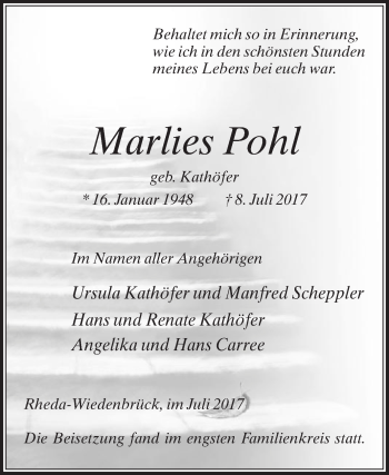 Traueranzeige von Marlies Pohl von Die Glocke