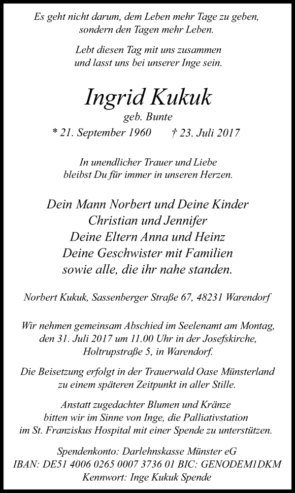  Traueranzeige für Ingrid Kukuk vom 27.07.2017 aus Die Glocke
