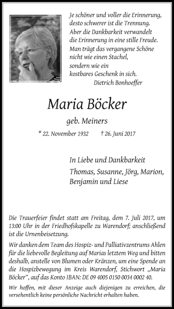 Traueranzeige von Maria Böcker von Die Glocke