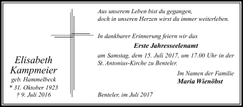 Traueranzeige von Elisabeth Kampmeier von Die Glocke