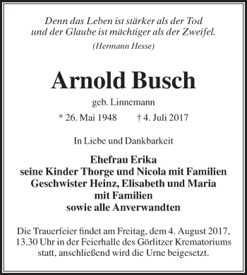 Traueranzeige von Arnold Busch von Die Glocke