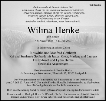 Traueranzeige von Wilma Henke von Die Glocke