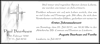 Traueranzeige von Paul  Beerhues von Die Glocke