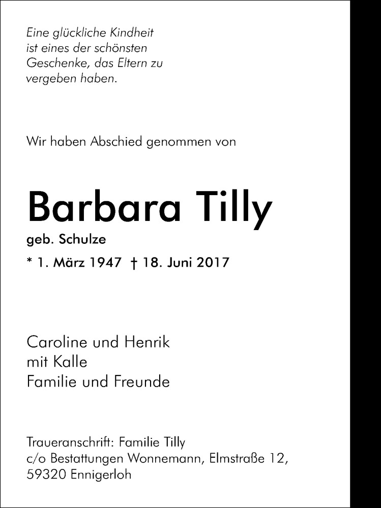  Traueranzeige für Barbara Tilly vom 01.07.2017 aus Die Glocke