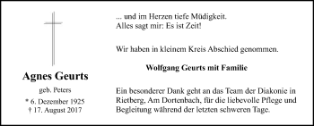Traueranzeige von Agnes Geurts von Die Glocke