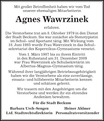 Traueranzeige von Agnes Wawrzinek von Die Glocke