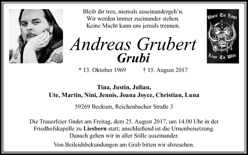  Traueranzeige für Andreas Grubert vom 19.08.2017 aus Die Glocke