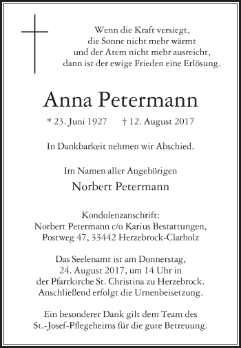 Traueranzeige von Anna Petermann von Die Glocke