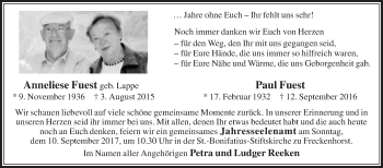 Traueranzeige von Anneliese und Paul Fuest von Die Glocke