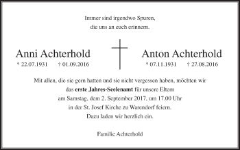 Traueranzeige von Anni und Anton Achterhold von Die Glocke