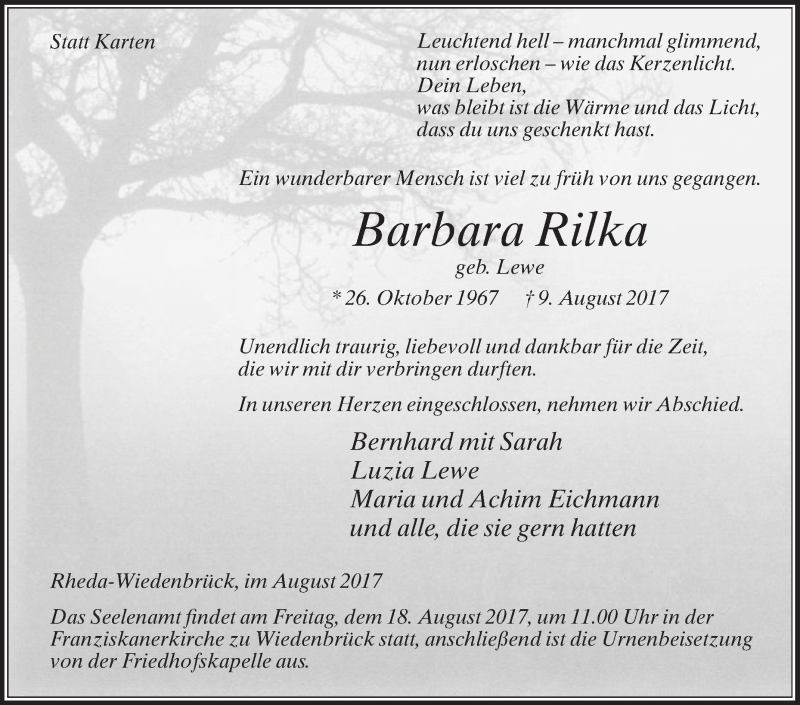  Traueranzeige für Barbara Rilka vom 12.08.2017 aus Die Glocke