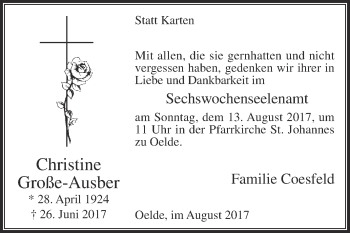 Traueranzeige von Christine Große-Ausber von Die Glocke