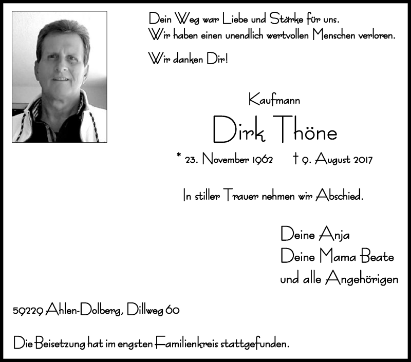  Traueranzeige für Dirk Thöne vom 21.08.2017 aus Die Glocke
