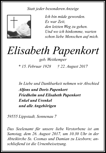 Traueranzeige von Elisabeth Papenkort von Die Glocke