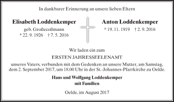 Traueranzeige von Elisabeth und Anton Loddenkemper von Die Glocke
