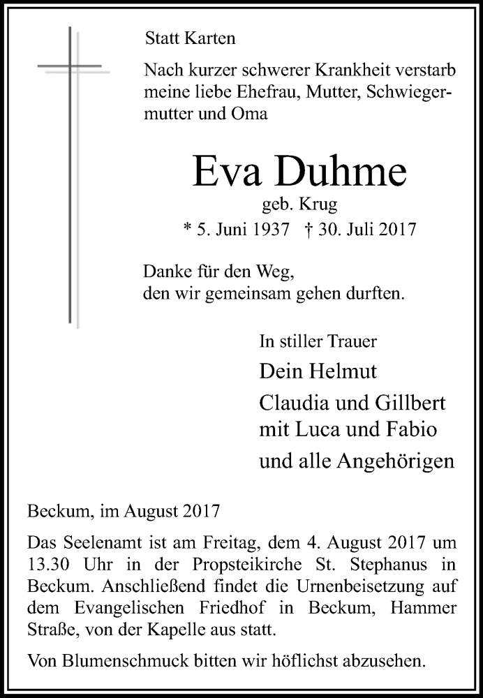  Traueranzeige für Eva Duhme vom 01.08.2017 aus Die Glocke