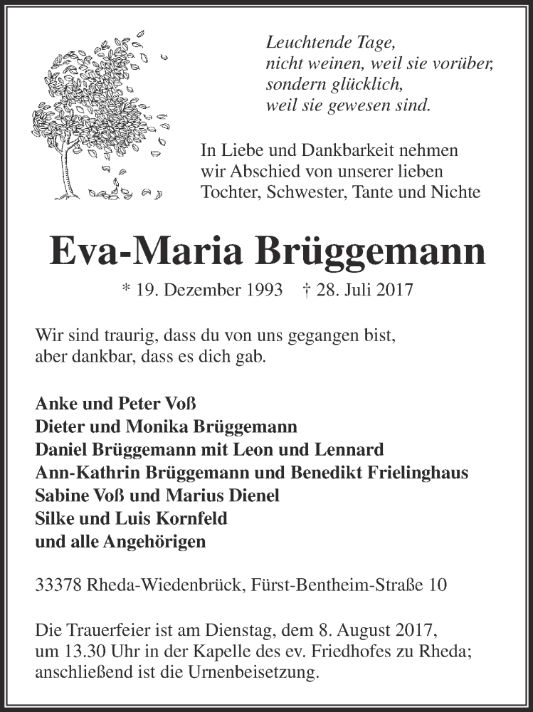  Traueranzeige für Eva-Maria Brüggemann vom 02.08.2017 aus Die Glocke