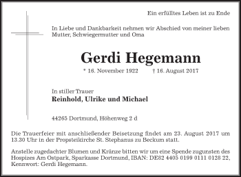 Traueranzeige von Gerdi Hegemann von Die Glocke