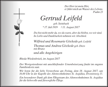 Traueranzeige von Gertrud Leifeld von Die Glocke