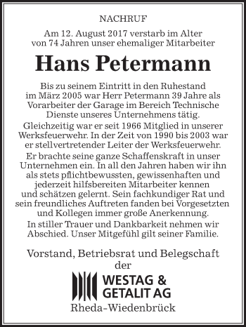 Traueranzeige von Hans Petermann von Die Glocke