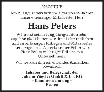 Traueranzeige von Hans Peters von Die Glocke