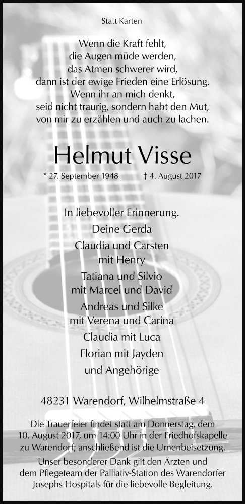  Traueranzeige für Helmut Visse vom 08.08.2017 aus Die Glocke