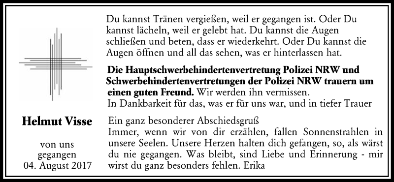  Traueranzeige für Helmut Visse vom 08.08.2017 aus Die Glocke