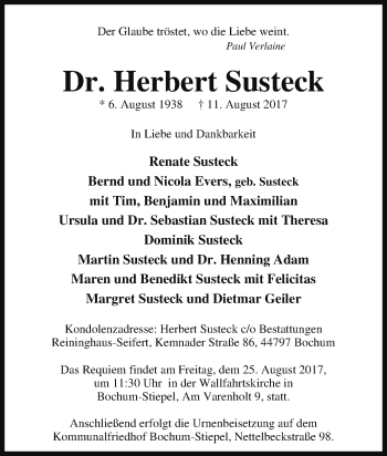 Traueranzeige von Herbert Susteck von Die Glocke