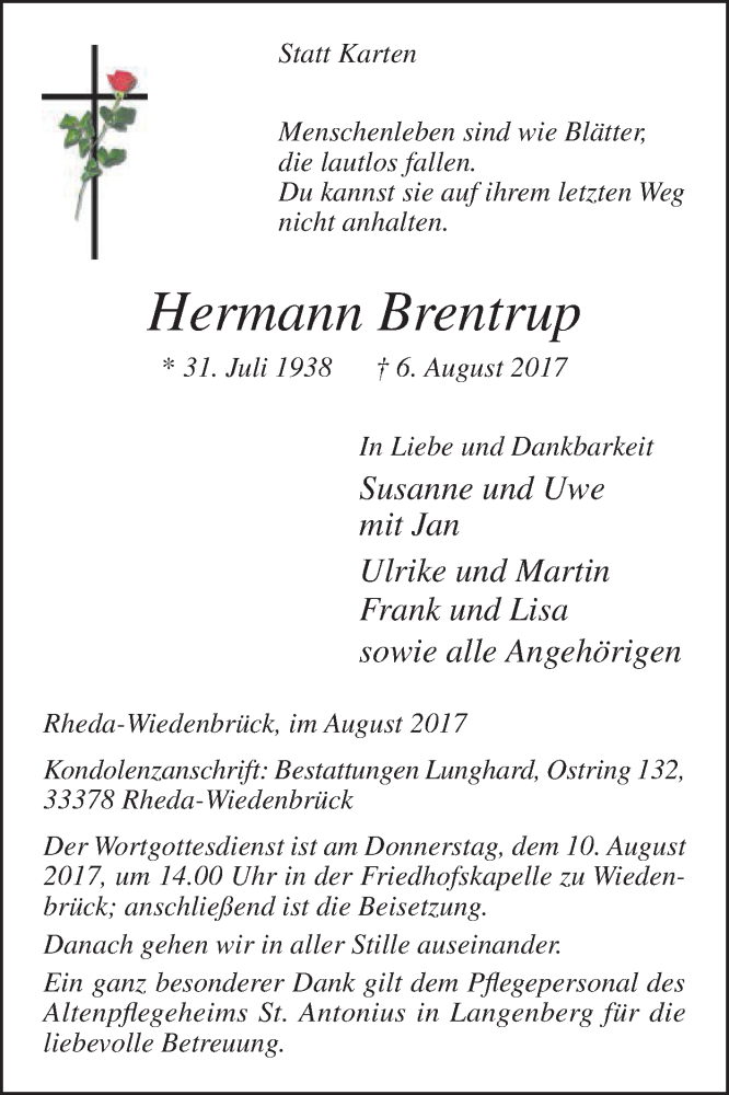  Traueranzeige für Hermann Brentrup vom 09.08.2017 aus Die Glocke