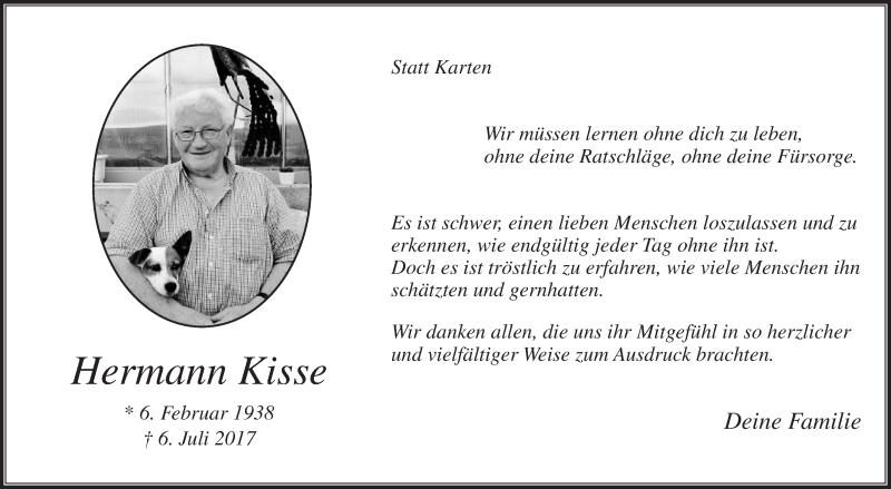  Traueranzeige für Hermann Kisse vom 05.08.2017 aus Die Glocke