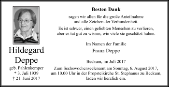 Traueranzeige von Hildegard Deppe von Die Glocke