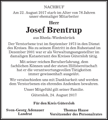 Traueranzeige von Josef Brentrup von Die Glocke