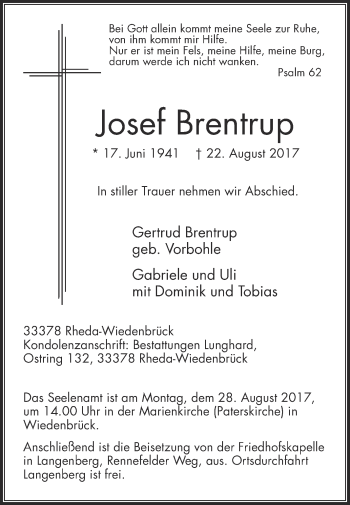 Traueranzeige von Josef Brentrup von Die Glocke