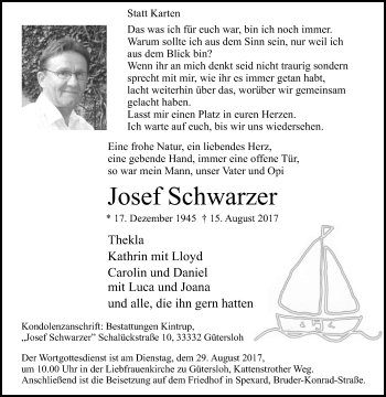 Traueranzeige von Josef Schwarzer von Die Glocke