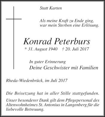Traueranzeige von Konrad Peterburs von Die Glocke