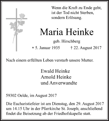 Traueranzeige von Maria Heinke von Die Glocke