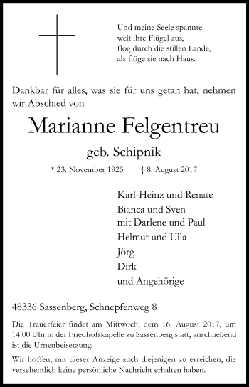 Traueranzeige von Marianne Felgentreu von Die Glocke