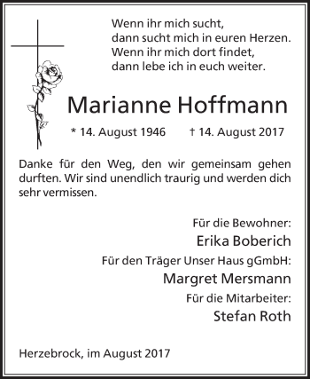 Traueranzeige von Marianne Hoffmann von Die Glocke