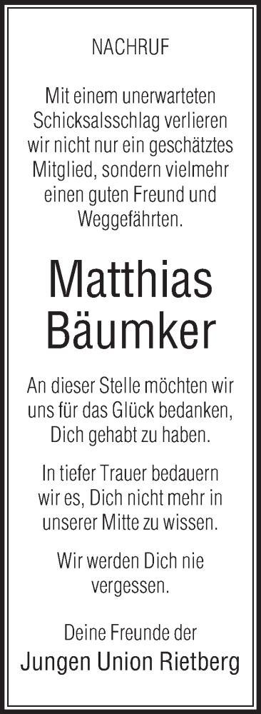  Traueranzeige für Matthias Bäumker vom 05.08.2017 aus Die Glocke