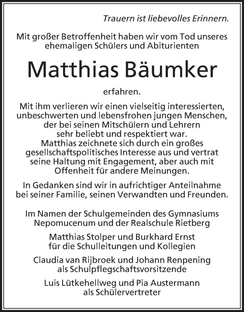  Traueranzeige für Matthias Bäumker vom 01.08.2017 aus Die Glocke