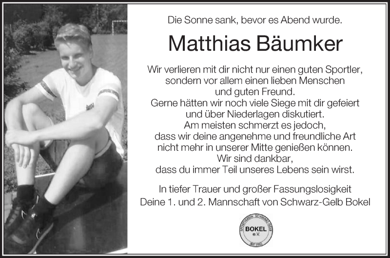  Traueranzeige für Matthias Bäumker vom 02.08.2017 aus Die Glocke