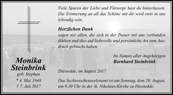 Traueranzeige von Monika Steinbrink von Die Glocke
