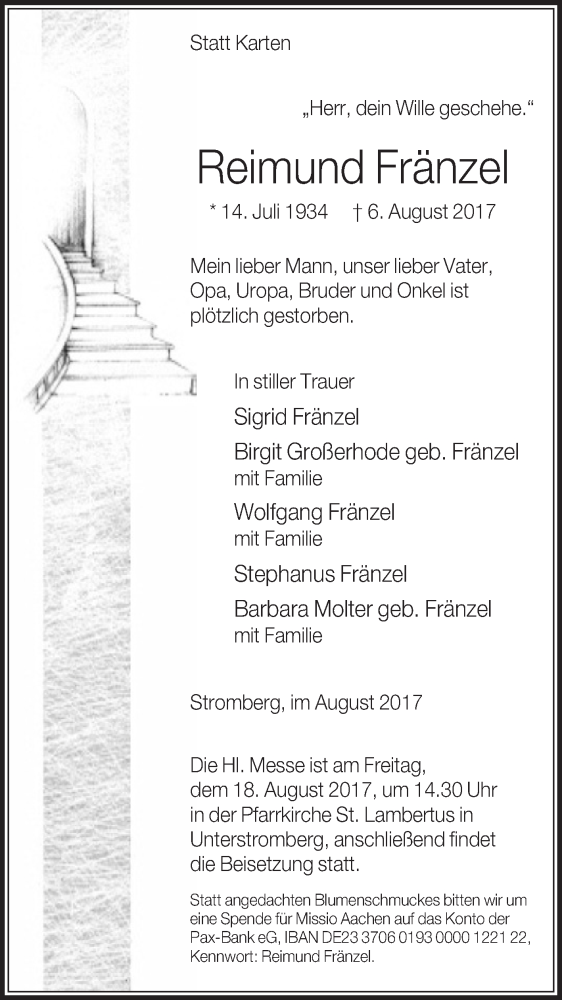  Traueranzeige für Reimund Fränzel vom 12.08.2017 aus Die Glocke