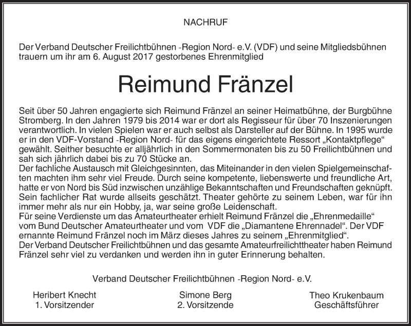  Traueranzeige für Reimund Fränzel vom 12.08.2017 aus Die Glocke