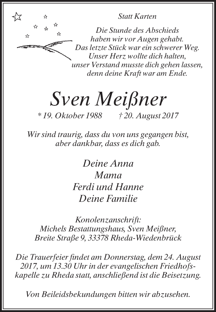  Traueranzeige für Sven Meißner vom 22.08.2017 aus Die Glocke