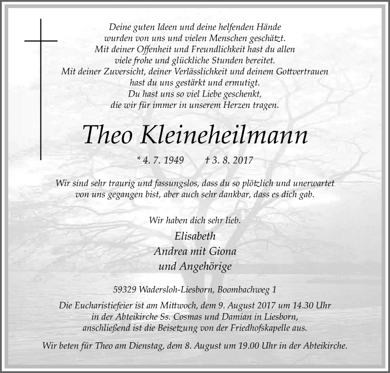  Traueranzeige für Theo Kleineheilmann vom 05.08.2017 aus Die Glocke