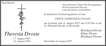 Traueranzeige von Theresia Droste von Die Glocke